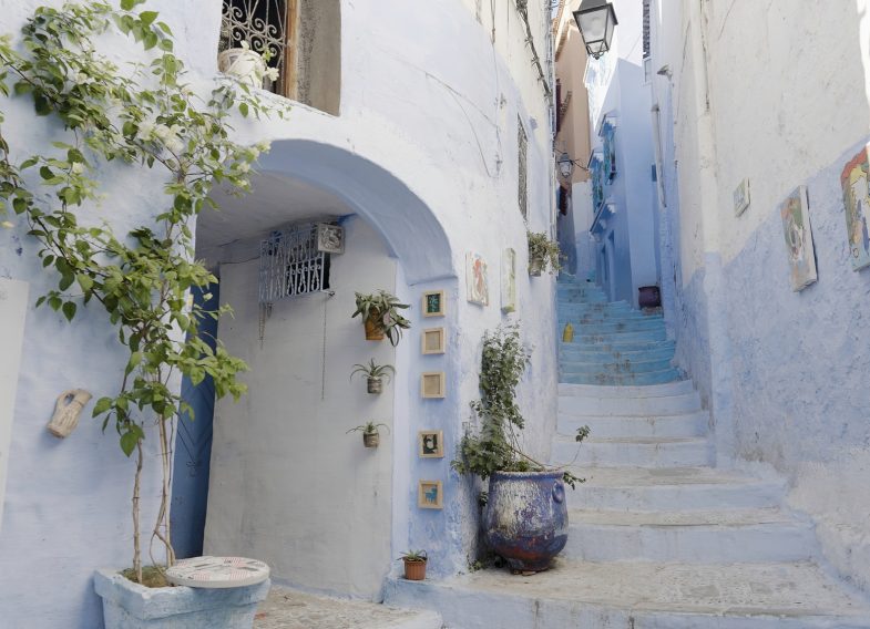 Beautiful narrow streets of Greece. Action. Decorative elements, paintings and plants.